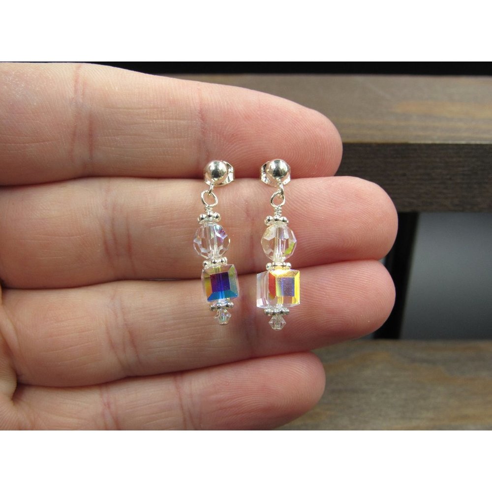 Sterling Silver Simple Cube Crystal Dangle Earrin… - image 1